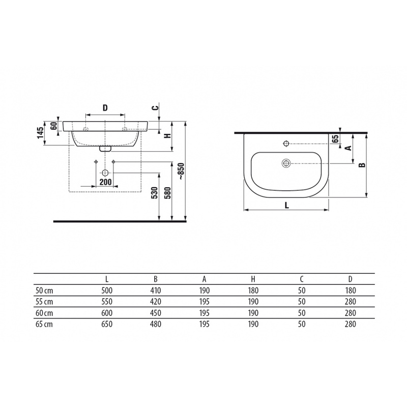 Umyvadlo Deep 55x42 cm, s otvorem, bílé, na stěnu, s přepadem, JIKA, H8126120001041