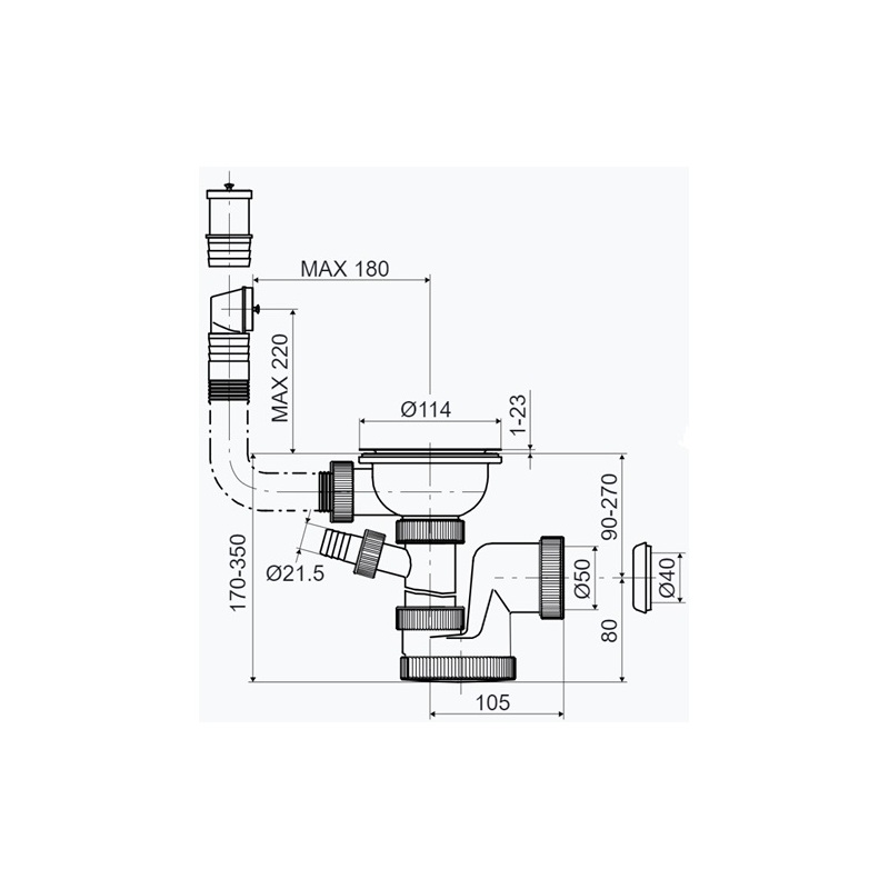 Dřezový sifon T-740PBZ s výpustí 114 mm, odpad 40/50 mm, s přípojkou, s přepadem, Slovarm 621117