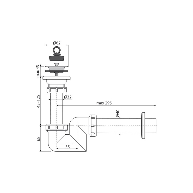 Umyvadlový sifon A412 s výpustí 63 mm, odpad 40 mm, Alcadrain A412-DN40