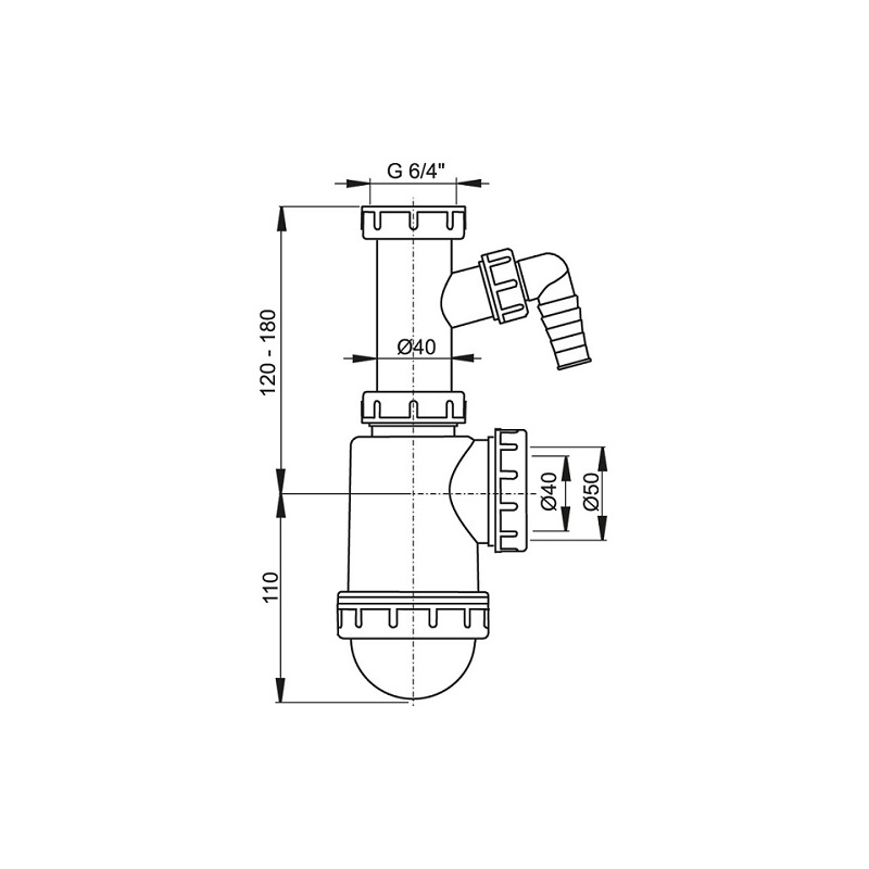 Dřezový sifon A443P bez výpusti G 6/4, odpad 40/50 mm, s přípojkou, Alcadrain A443P-DN50/40