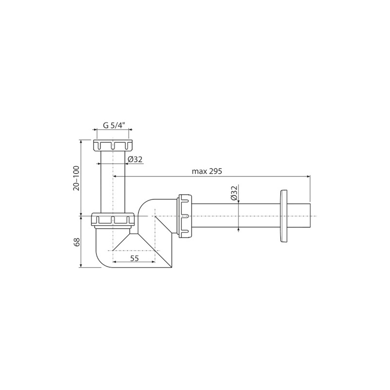 Umyvadlový sifon A45F bez výpusti G 5/4, odpad 32 mm, Alcadrain A45F-DN32