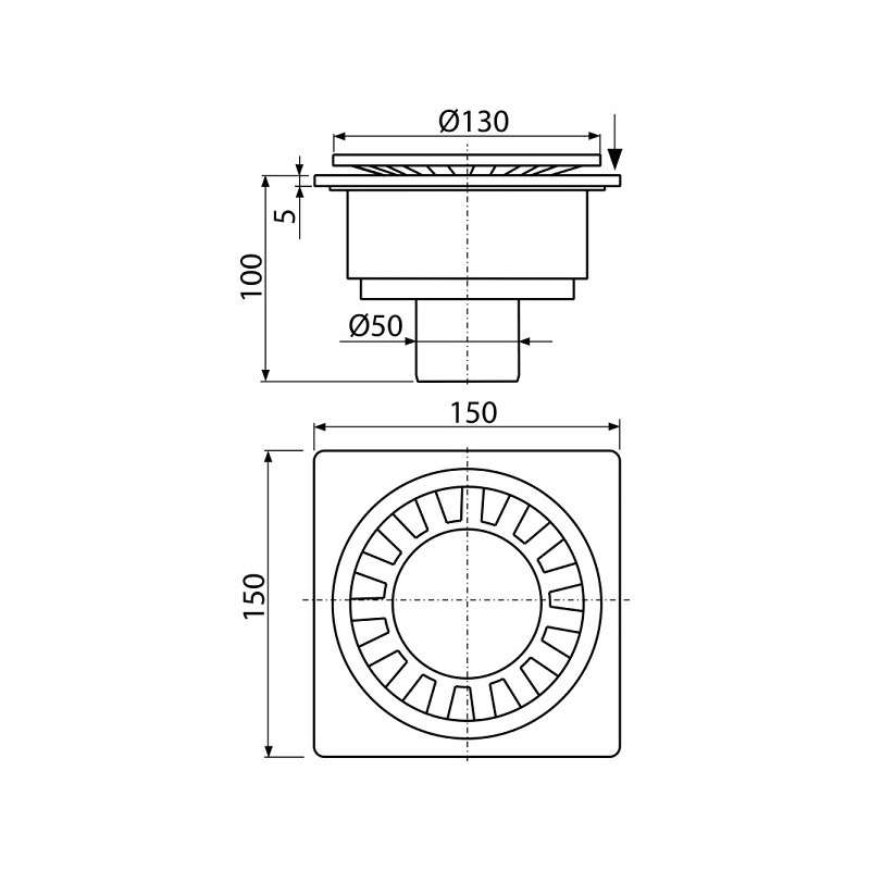 Podlahová vpusť 150 x 150 mm, mřížka šedá, boční odtok d 50 mm, Alcadrain APV16