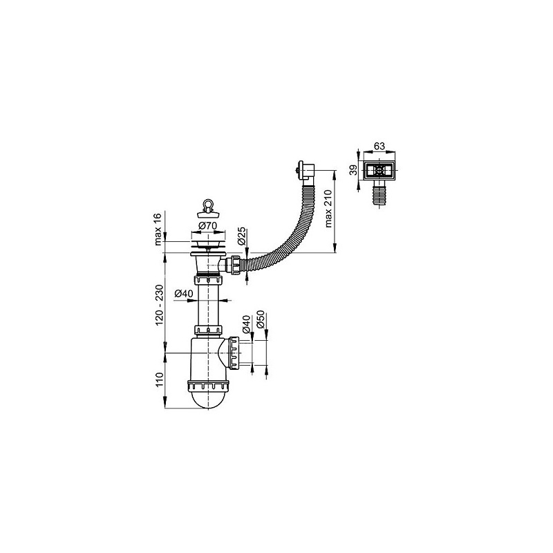 Dřezový sifon A444 s výpustí 70 mm, odpad 40/50 mm, s přepadem, Alcadrain A444-DN50/40