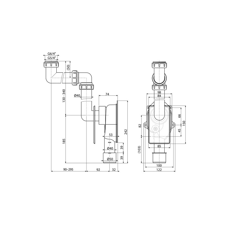 Dřezový sifon A873 bez výpusti G 6/4, 5/4, odpad 40/50 mm, Alcadrain A873