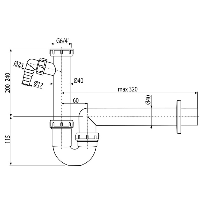Dřezový sifon A81 bez výpusti G 6/4, odpad 40 mm, s přípojkou, Alcadrain A81-DN40