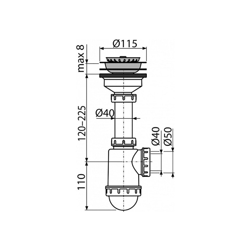 Dřezový sifon A446 s výpustí 115 mm, odpad 40/50 mm, Alcadrain A446-DN50/40