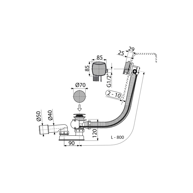 Vanový sifon A564CRM1, odpad 40/50 mm, s ovládáním, s napouštěním přepadem, Alcadrain A564CRM1-80