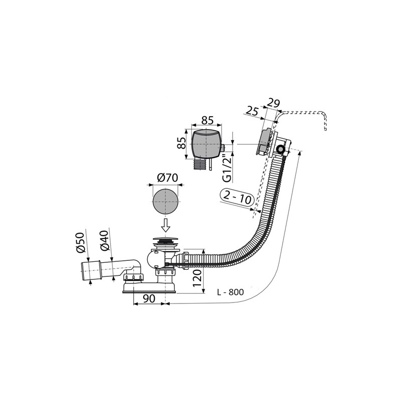 Vanový sifon A564KM1, odpad 40/50 mm, s ovládáním, s napouštěním přepadem, Alcadrain A564KM1-80