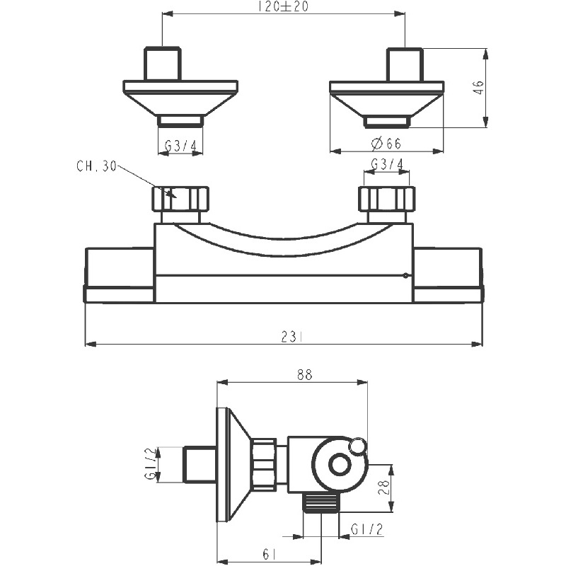 Sprchová baterie Aqualight 120 mm, chrom, nástěnná, termostatická, bez příslušenství, Novaservis 2564/1,0