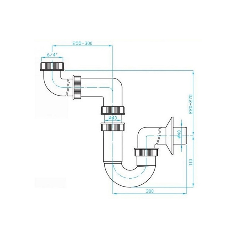 Dřezový sifon bez výpusti G 6/4, odpad 40 mm, Plast Brno EM46440