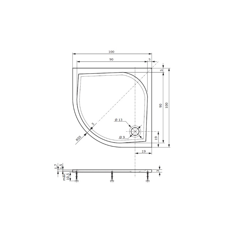 Sprchová vanička EX 1000 x 1000 mm, bílá, čtvrtkruh, Lansanit LANEX100K