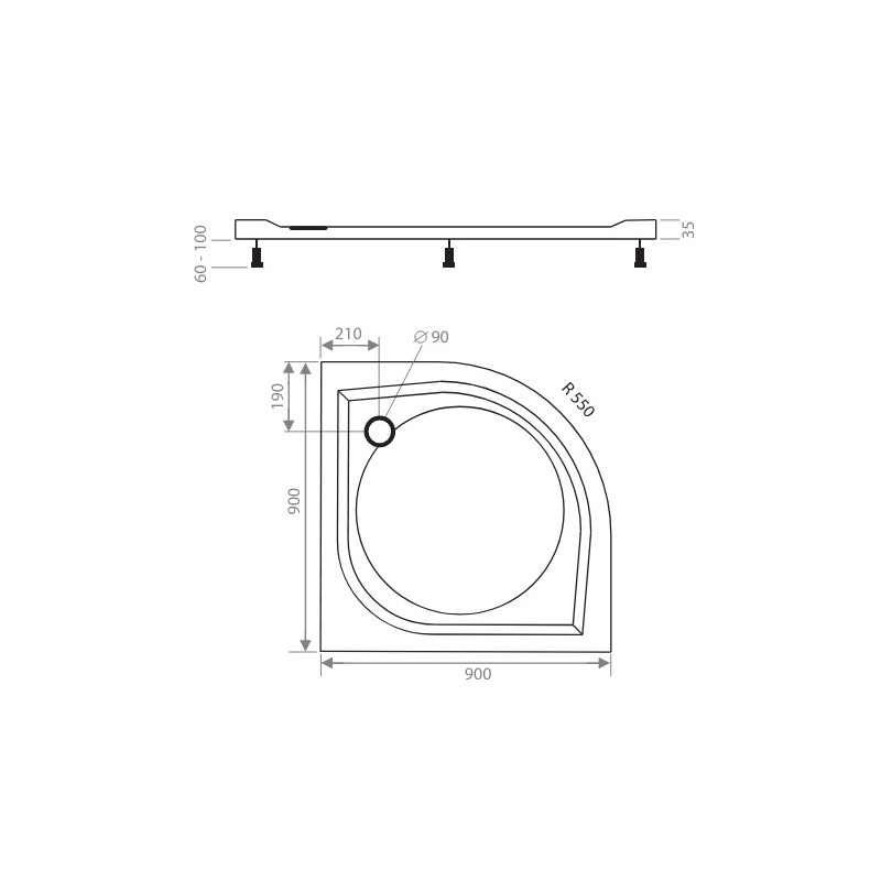 Sprchová vanička EX 900 x 900 mm, čtvrtkruh, Lansanit LANEX90K
