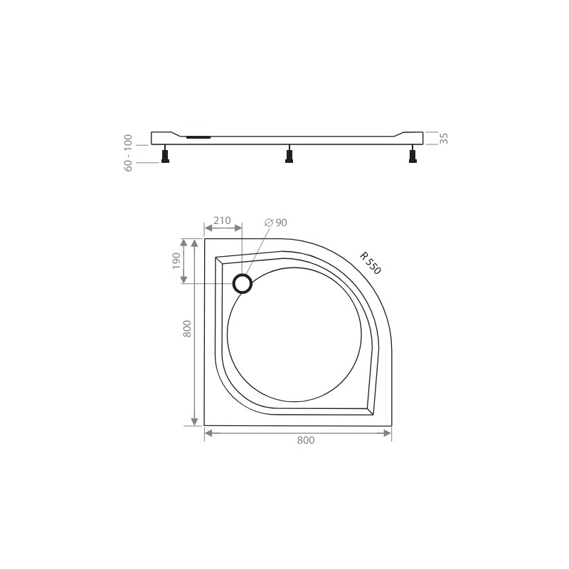 Sprchová vanička EX 800 x 800 mm, čtvrtkruh, Lansanit LANEX80K