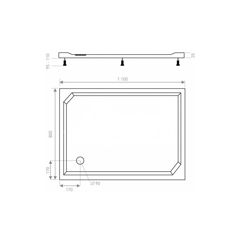 Sprchová vanička EX 800 x 1100 mm, bílá, Lansanit LANEX80X110