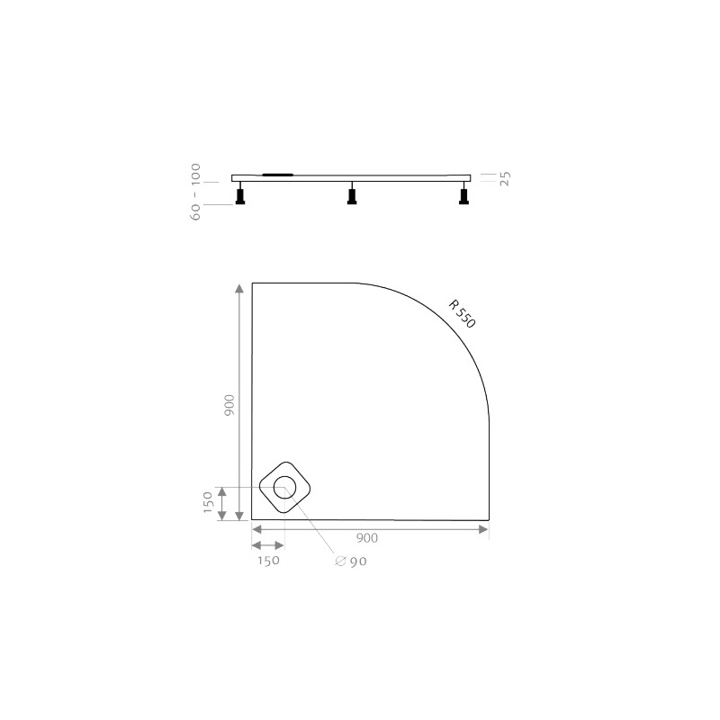 Sprchová vanička LUX 900 x 900 mm, bílá, čtvrtkruh, Lansanit LANLUX90K