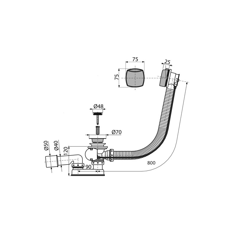 Vanový sifon A51CR, odpad 40/50 mm, s ovládáním, chrom, Alcadrain A51CR-80