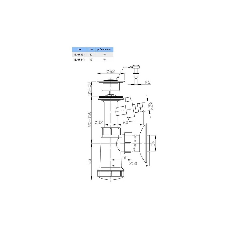 Umyvadlový sifon s výpustí 62 mm, odpad 40 mm, s přpojkou, Plast Brno EU1P341