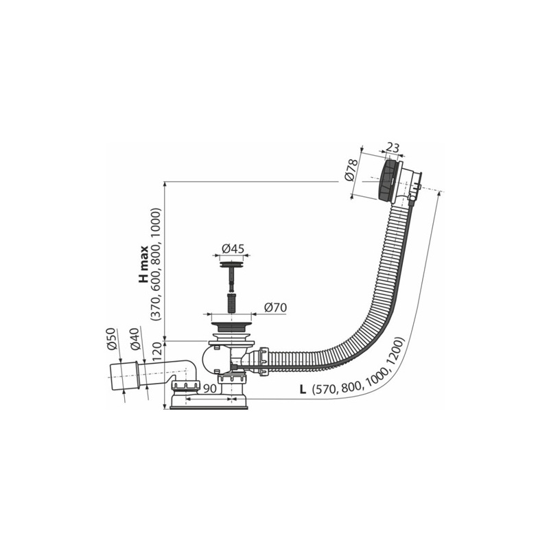 Vanový sifon A55BLACK, odpad 40/50 mm, s ovládáním, černý-mat, Alcadrain A55BLACK