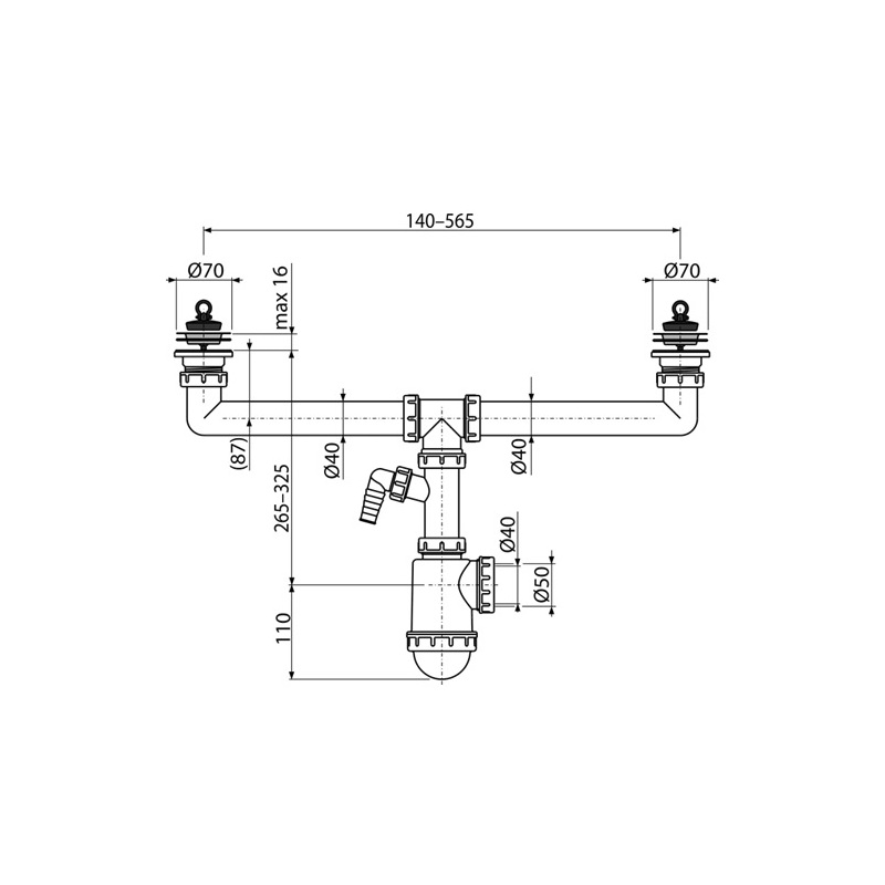 Dřezový sifon A449P s výpustí 70 mm, odpad 40/50 mm, s přípojkou, Alcadrain A449P-DN50/40