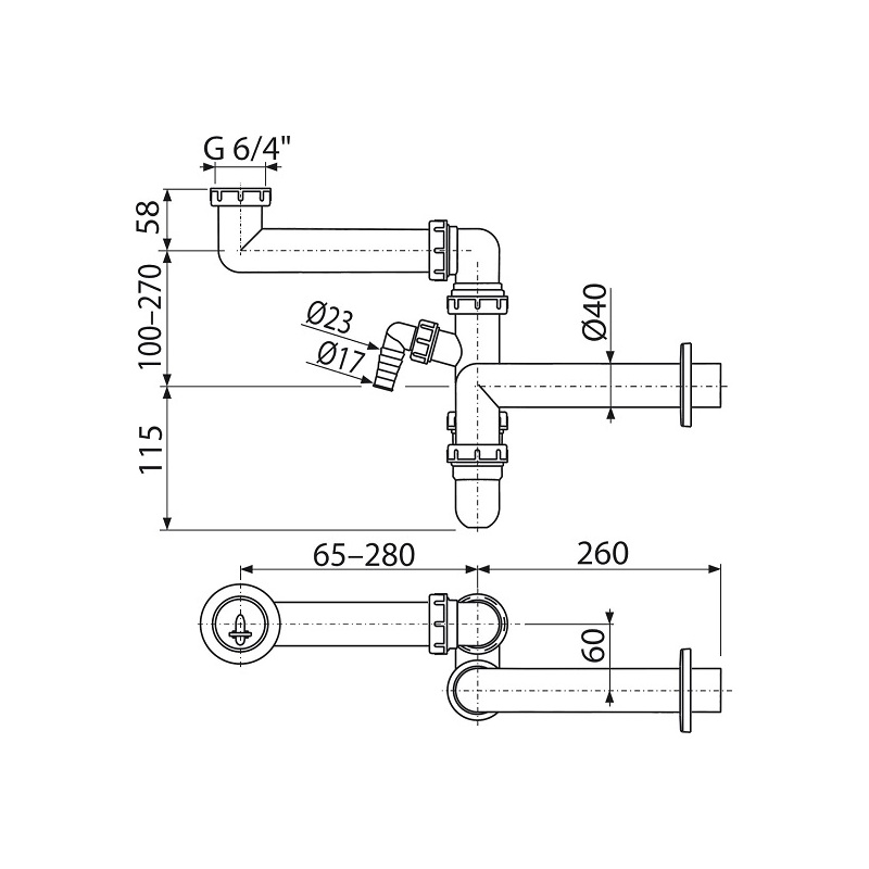 Dřezový sifon A872P bez výpusti G 6/4, odpad 40 mm, s přípojkou, Alcadrain A872P