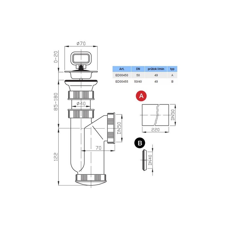 Dřezový sifon s výpustí 70 mm, odpad 50 mm, Plast Brno ED00450