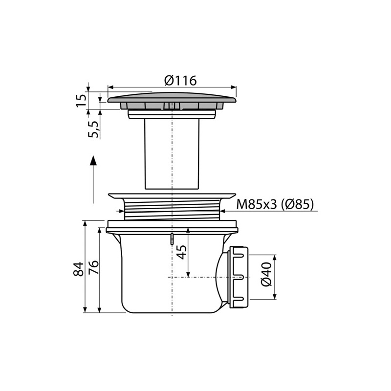 Vaničkový sifon A49K 90, odpad 40 mm, chrom, Alcadrain A49K