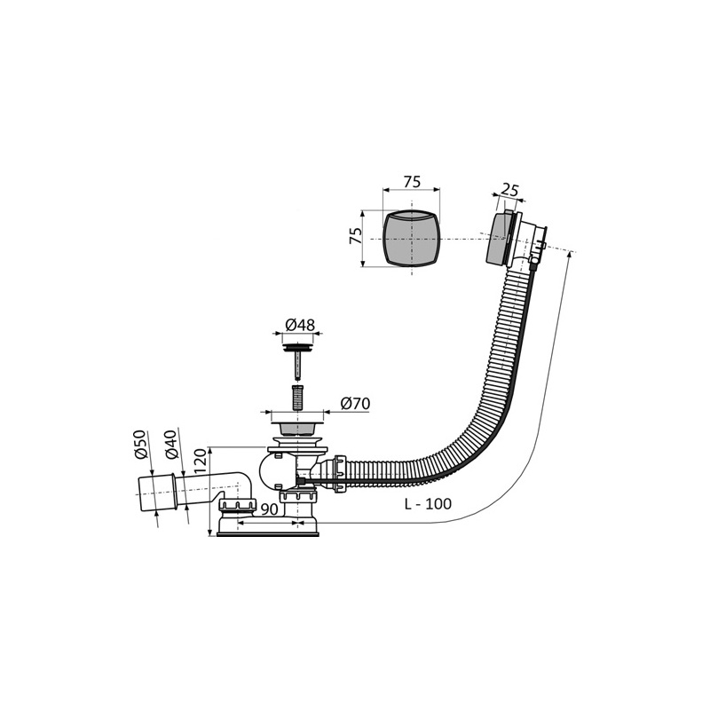 Vanový sifon A51CR, odpad 40/50 mm, s ovládáním, chrom, Alcadrain A51CR-100