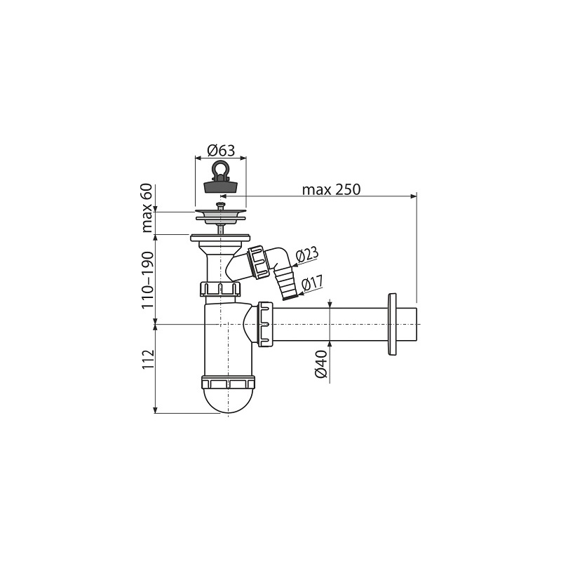 Umyvadlový sifon A41P s výpustí 63 mm, odpad 40 mm, s přípojkou, Alcadrain A41P