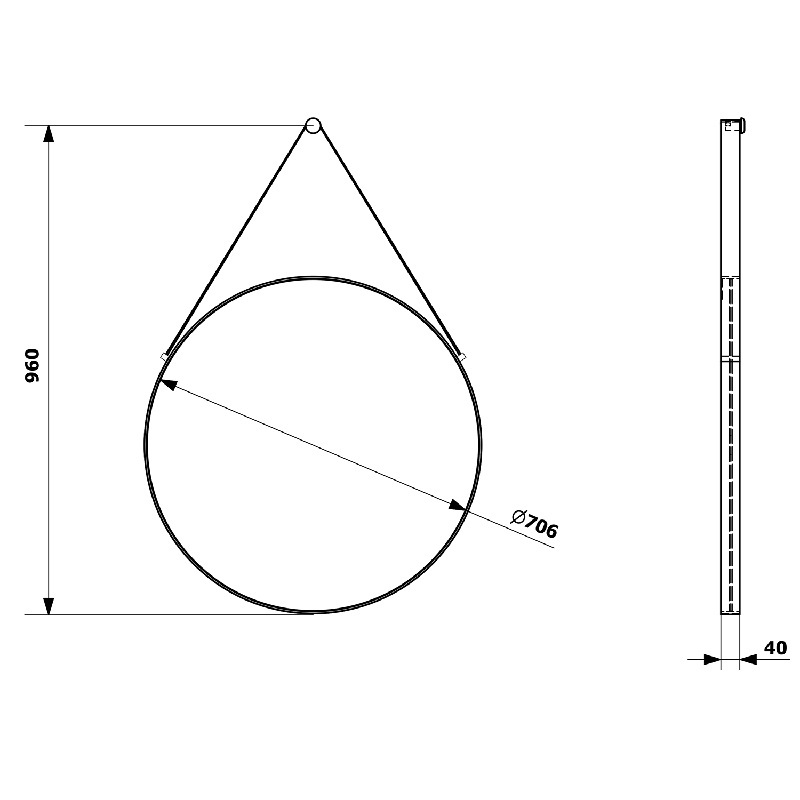 Orbiter kulaté zrcadlo 700 × 700, s koženým páskem, černé, Sapho ORT070