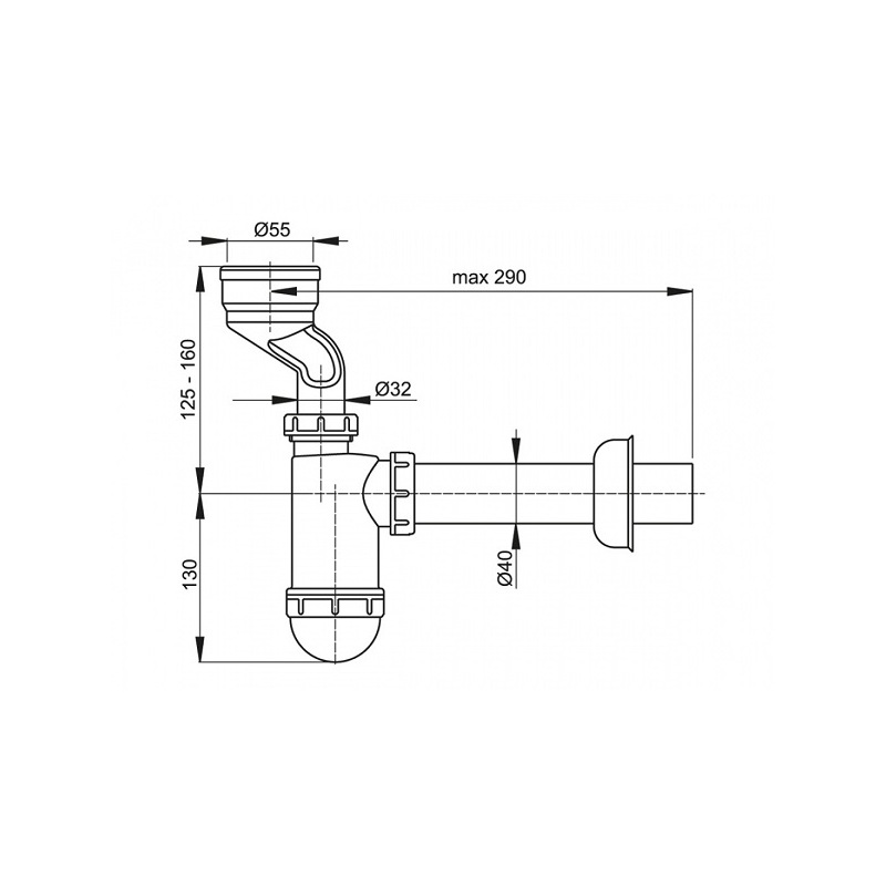 Pisoárový sifon A45A 55 mm, odpad 40 mm, s manžetou, bílý, Alcadrain A45A