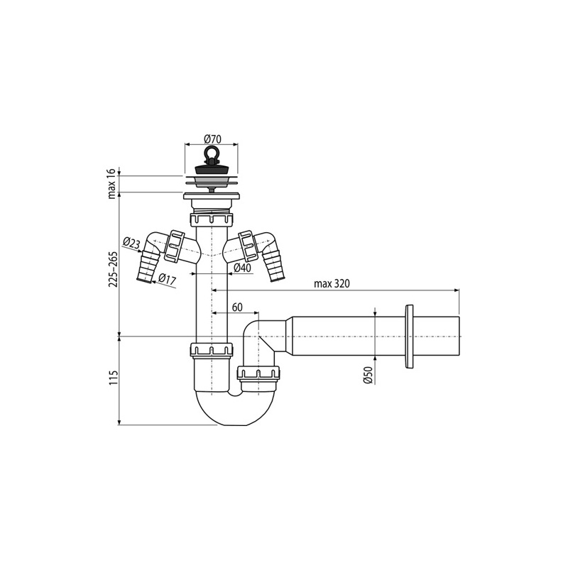 Dřezový sifon A820 s výpustí 70 mm, odpad 50 mm, s 2 přípojkami, Alcadrain A820-DN50