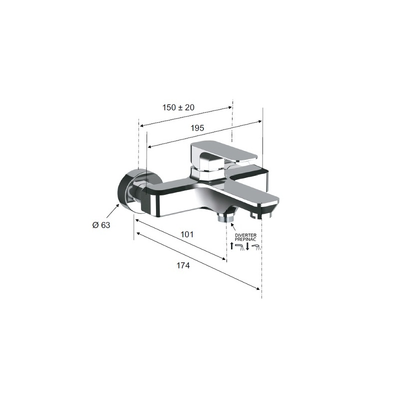 Vanová baterie Spy 150 mm, chrom, nástěnná, bez příslušenství, Sapho PY10