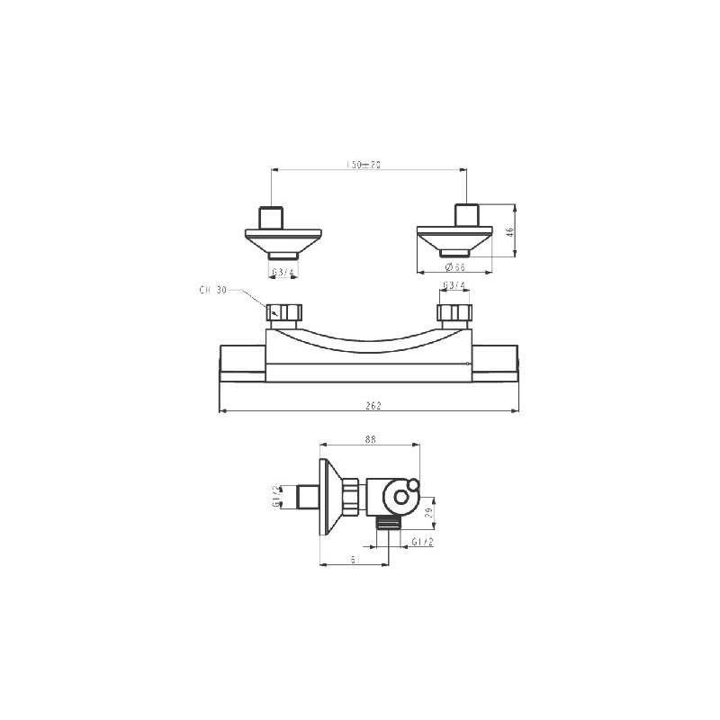 Sprchová baterie Aqualight 150 mm, chrom, nástěnná, termostatická, bez příslušenství, Novaservis 2560/1,0