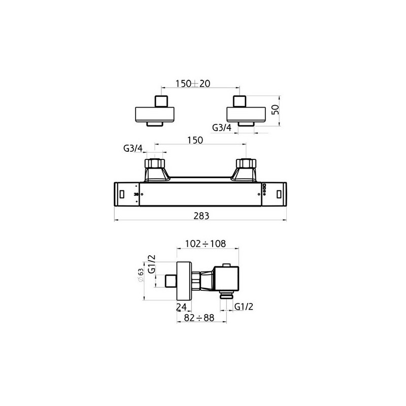 Sprchová baterie Aqualight 150 mm, chrom, nástěnná, termostatická, bez příslušenství, Novaservis 2860/1,0