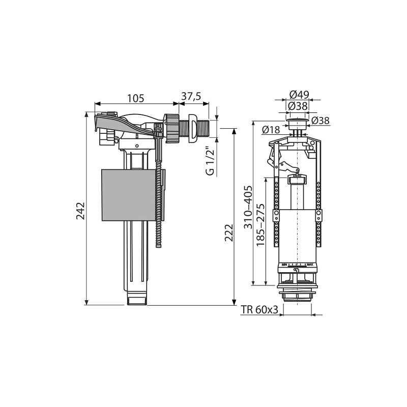 Splachovací souprava se STOP tlačítkem, chrom, Alcadrain SA2000 1/2 CHROM