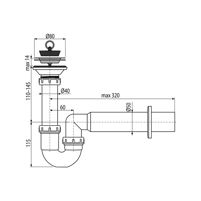 Vaničkový sifon A464 50, odpad 50 mm, Alcadrain A464-DN50