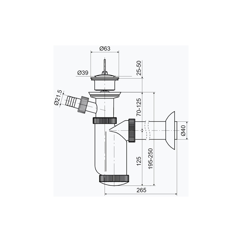 Umyvadlový sifon T-1016 s výpustí 63 mm, odpad 40 mm, s přípojkou, Slovarm 621359
