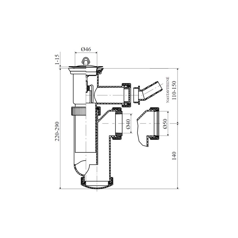Dřezový sifon T-707 s výpustí 70 mm, odpad 40/50 mm, s přípojkou, Slovarm 620982