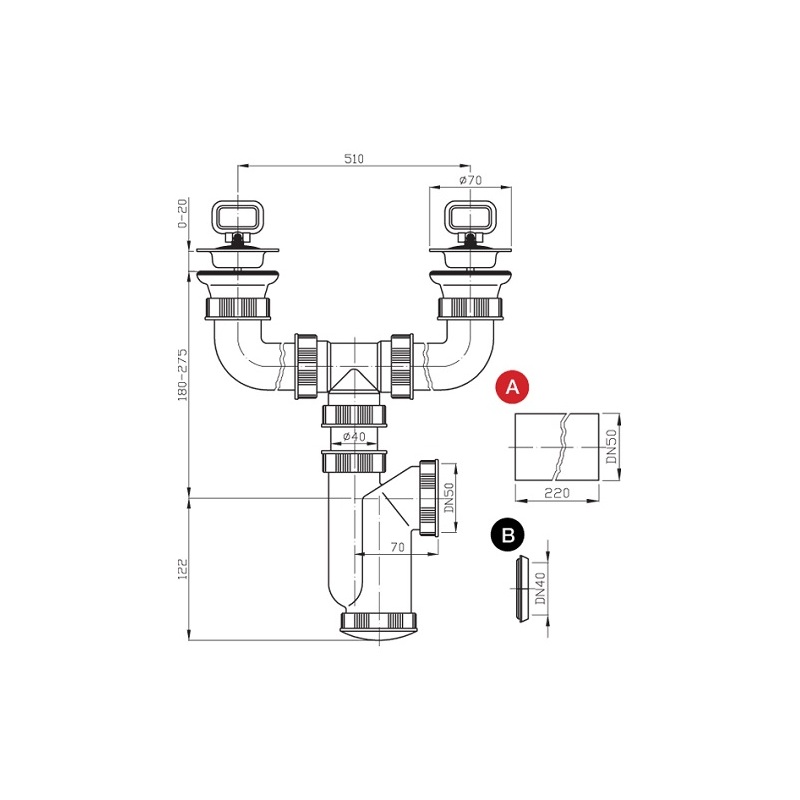 Dřezový sifon s výpustí 70 mm, odpad 40/50 mm, Plast Brno ET00450