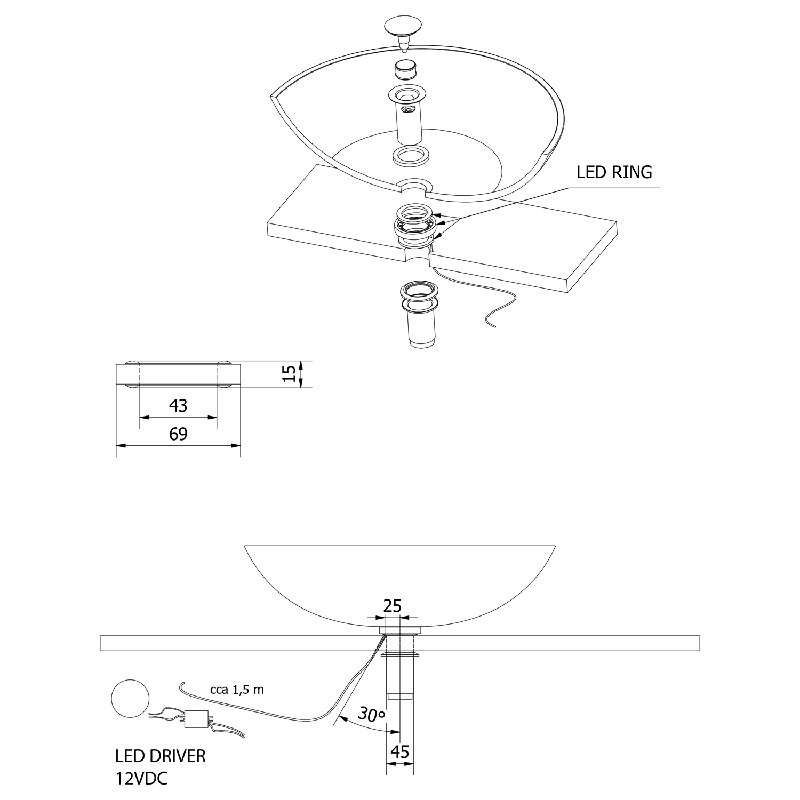 Osvětlení pod skleněné umyvadlo LEDRING 1,2W, 5000-5500K, Sapho WP94051LED