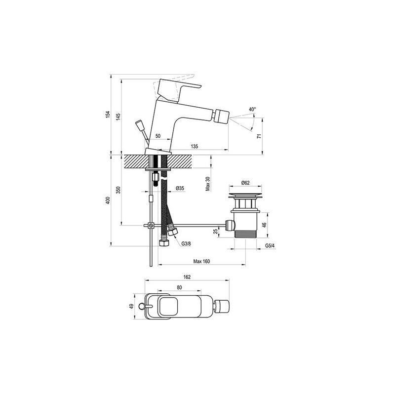 Bidetová baterie 10°, chrom, stojánková, s výpustí, TD 055.00, Ravak X070067