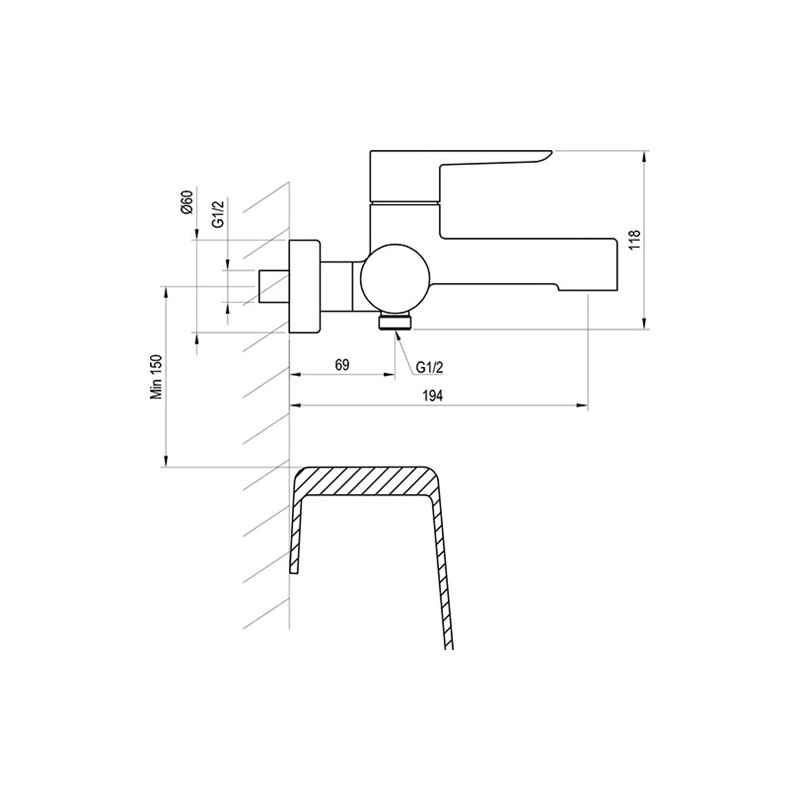 Vanová/sprchová baterie Puri 150 mm, chrom, nástěnná, bez příslušenství, PU 022.00, Ravak X070115