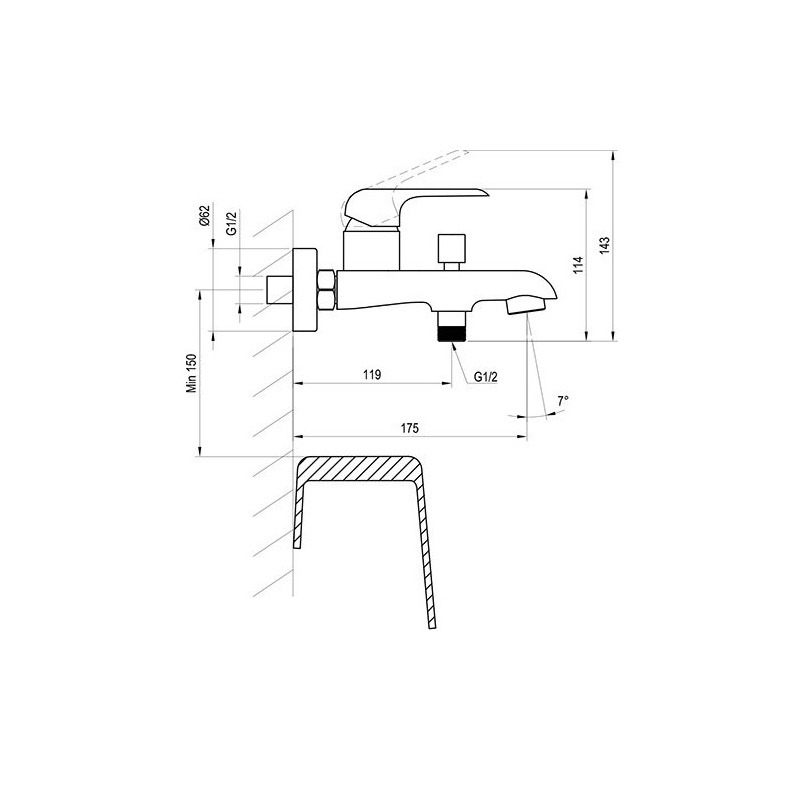 Vanová baterie Flat 150 mm, chrom, nástěnná, bez příslušenství, FL 022.00, Ravak X070119