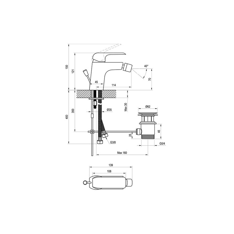 Bidetová baterie Flat, chrom, stojánková, s výpustí, FL 055.00, Ravak X070122