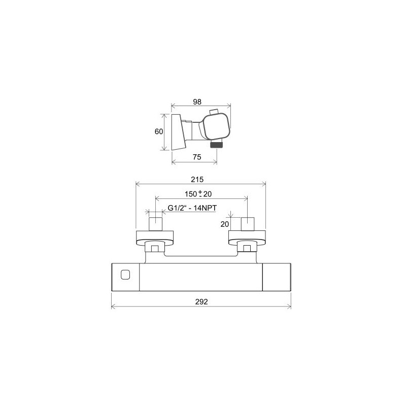 Sprchová baterie 10° 150 mm, chrom, nástěnná, termostatická, bez příslušenství, TD F 033.00, Ravak X070140