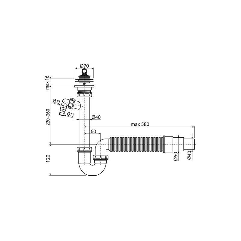 Dřezový sifon A830 s výpustí 70 mm, odpad 50/40 mm, s přípojkou, Alcadrain A830-DN50/40