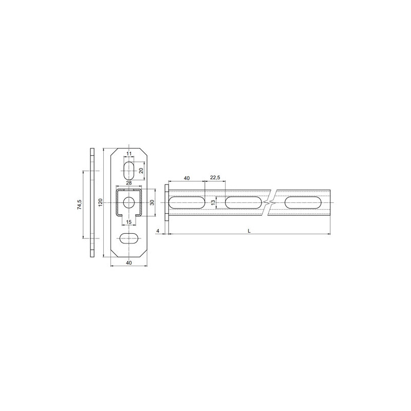 Montážní nosníková konzole 28 x 30 x 750 mm, pozinkovaná