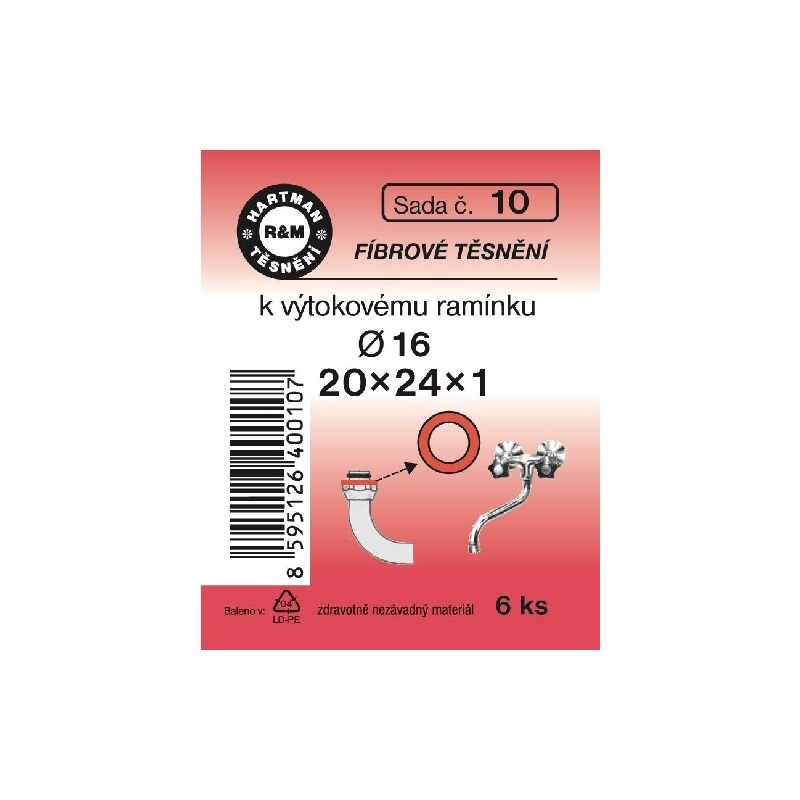 Sada těsnění k výtokovému ramínku, 20 x 24 x 1, fíbrové, průměr 16, 6 ks, č.10, HARTMAN