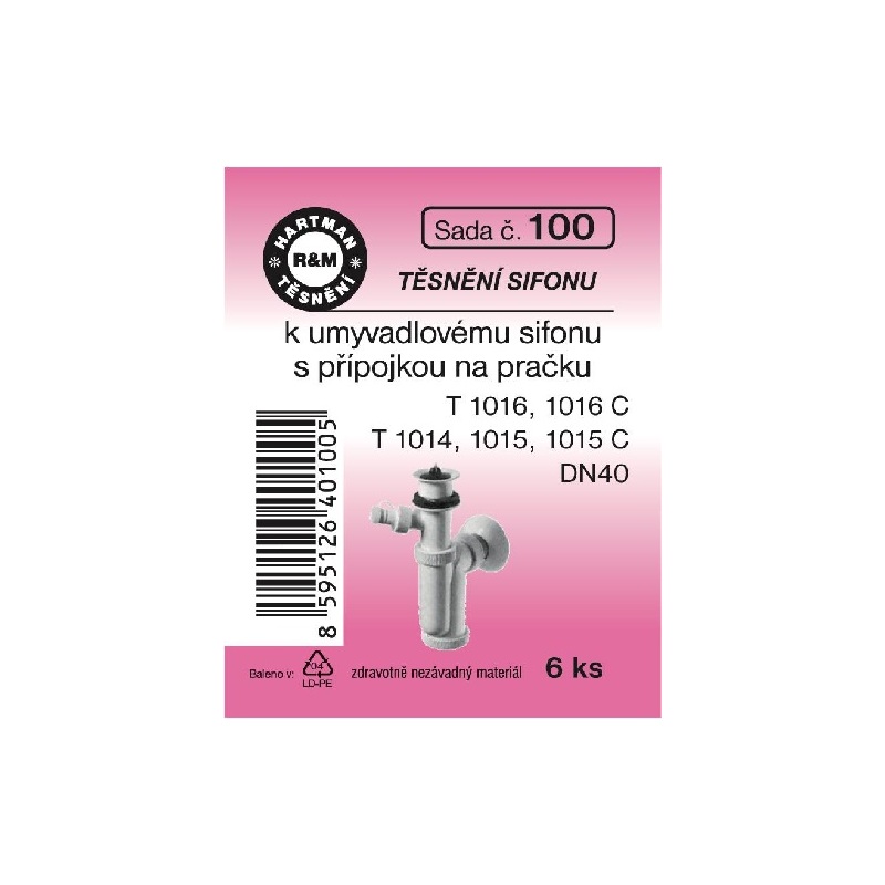Sada těsnění pro sifony, T1016, 1016C – DN – 40, T1014, 1015, T1015C, 6 ks, č. 100, HARTMAN