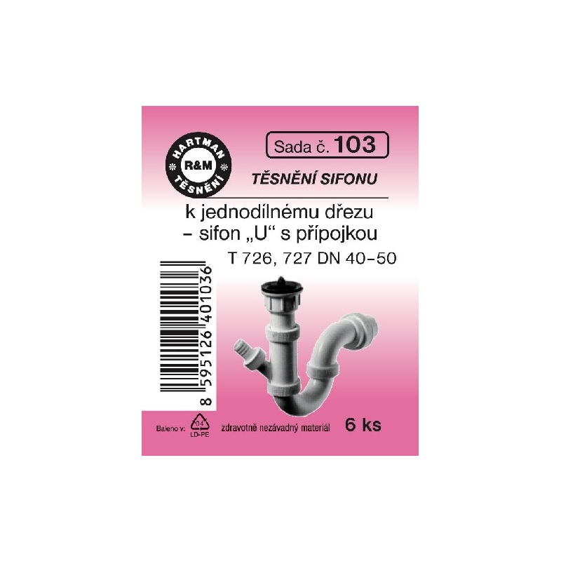 Sada těsnění k sifonům, DN 40–50, T 726, 727, 1011, 6 ks, č. 103, HARTMAN